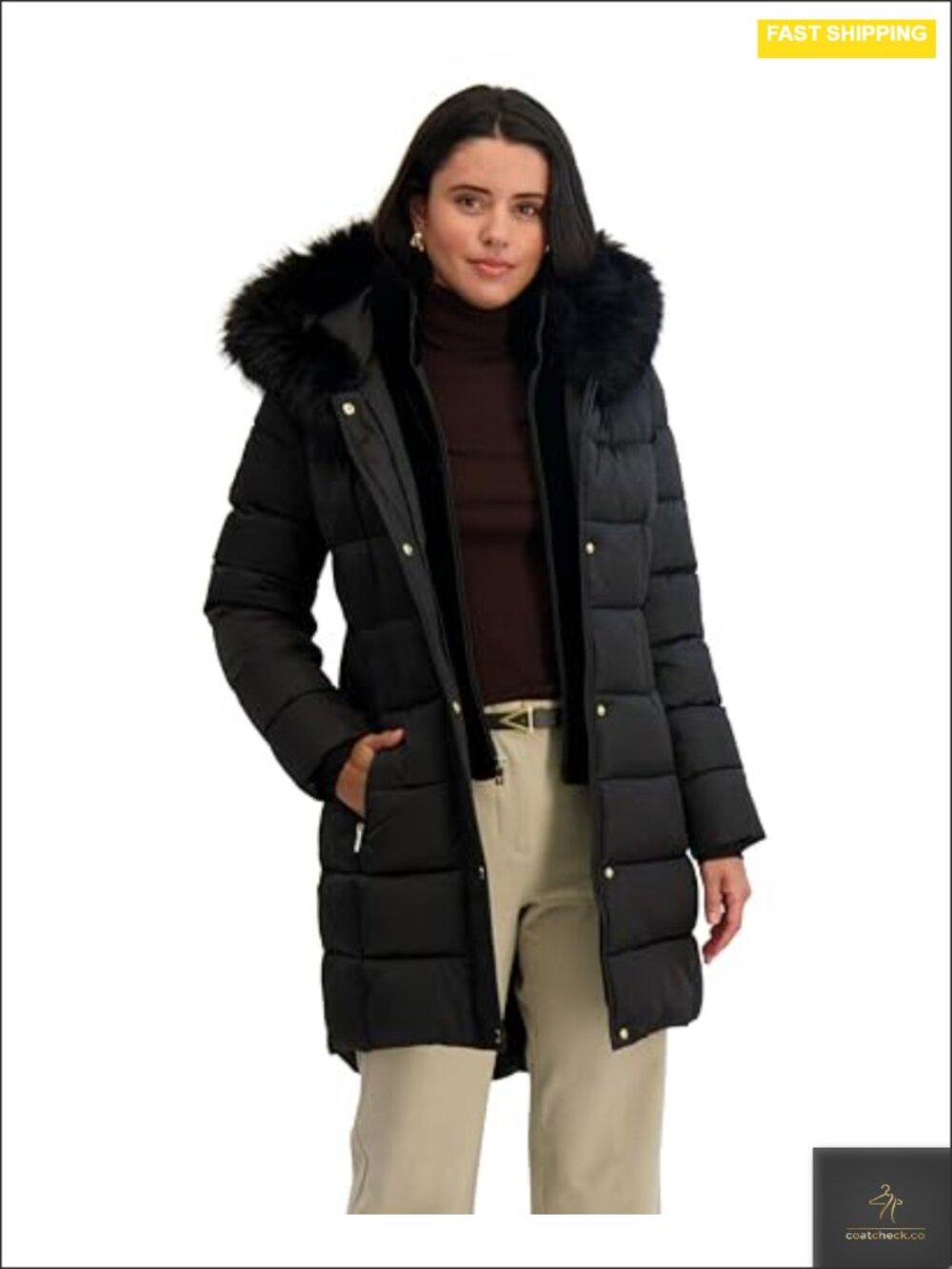 Women's Mid-Length Quilted Puffer Coat With Attached Hood, Faux Fur Trim,